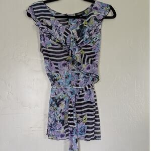IZ Byer Blouse Junior Large Y2K Floral‎ Stripes Sheer Sleeveless Ruffle Feminine
